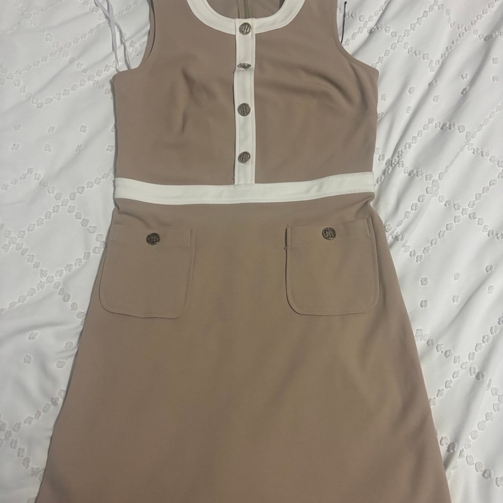 Tommy Hilfiger Beige and White Buttoned Mini Dress